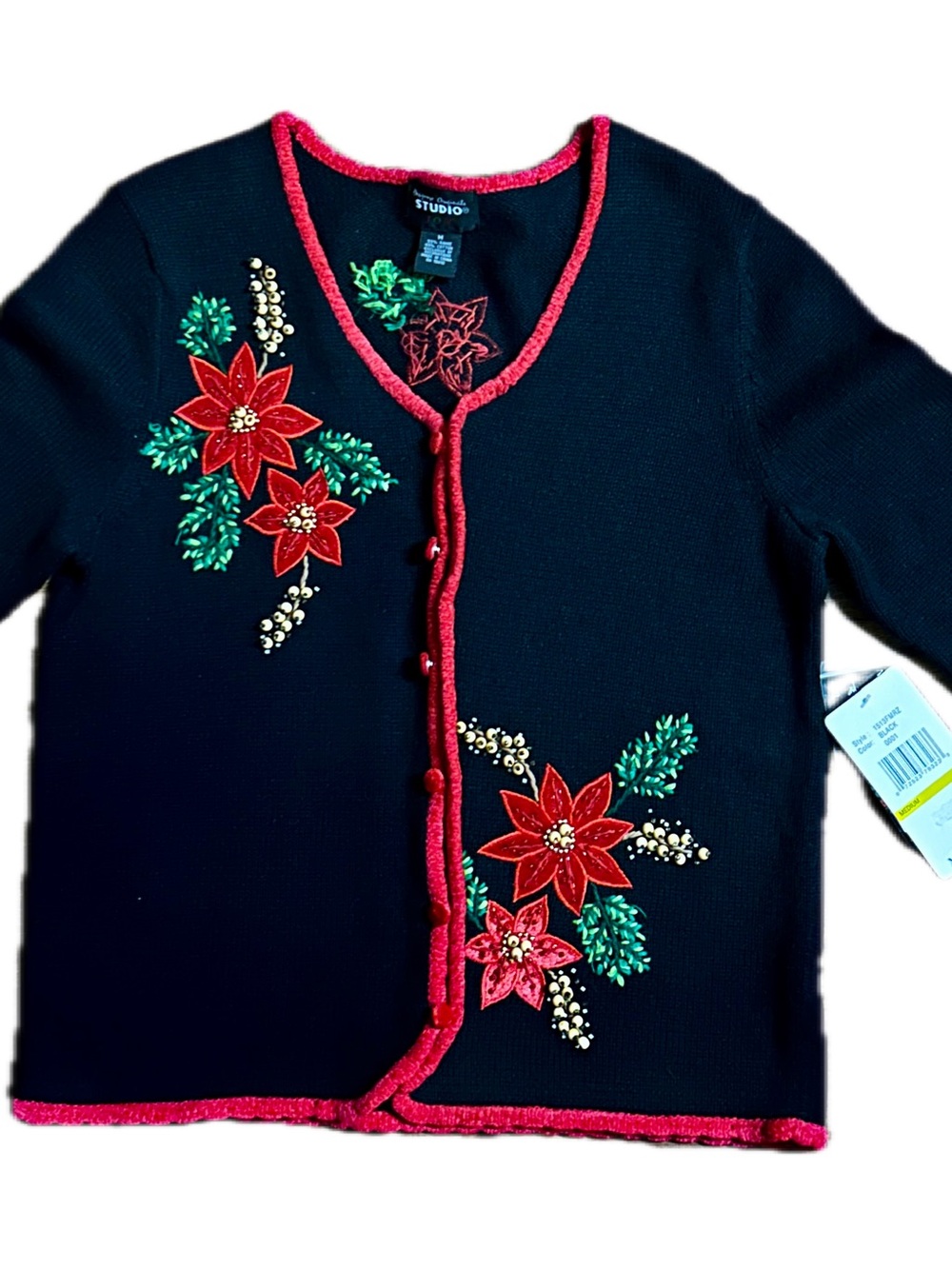 Designer’s Originals ~ Medium ~ Black W/Red Beaded Christmas Floral Sweater ~New